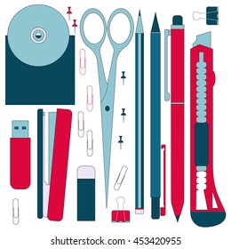 Flat stationery tools, pen set. Pen, pencil, scissors, collection. Pens vector set. School pens tools. Office tools.
