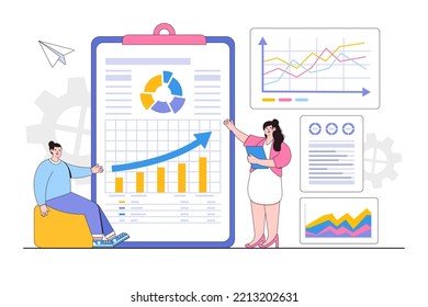 Análisis estadístico y de datos planos para el concepto de inversión en financiación empresarial. Estilo de diseño de esquema de ilustración vectorial mínima.