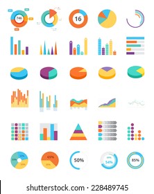 Flat statistics analysis graphic and piecharts collection set. Piecharts, tables, graphics, statistics, analytics.