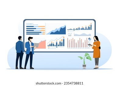 flat statistics and data analysis concept. business financial investment. business data analysis research. investment planning. business team working on monitor graph dashboard. design illustration.