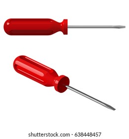 Flat steel screwdriver with red plastic handle, view in profile and general view isolated on white background
