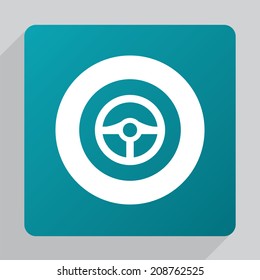 flat steering wheel icon, white on green background 