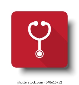 Flat Stethoscope web icon on red button with drop shadow