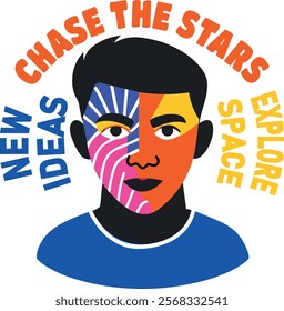 A flat sticker of a ai person with chase the stars typography