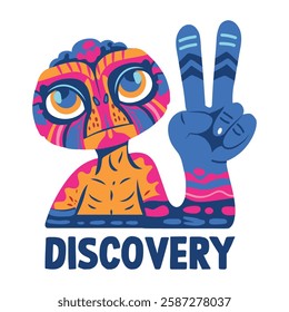 A flat sticker of alien character doing victory gesture with discovery text 

