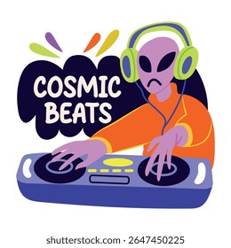 A flat sticker of alien with cosmic beats typography