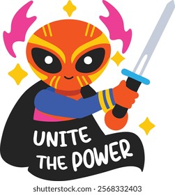A flat sticker of an alien flight with unite the power typography