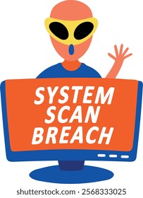 A flat sticker of an alien system hacking