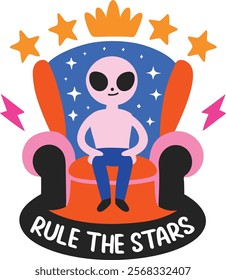 A flat sticker of alien throne with rule the stars typography