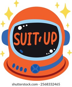 A flat sticker of astronaut helmet with suit up typography