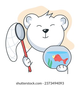 Flat sticker of a bear catching fish 