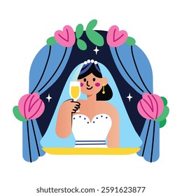 A flat sticker of beautiful bride holding a drink