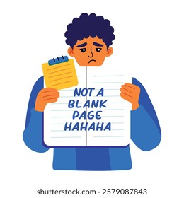 A flat sticker of bemused character holding a notebook 