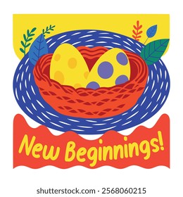 Flat sticker of a bird nest with new beginnings typography