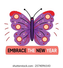 A flat sticker of a butterfly with embrace the new year typography