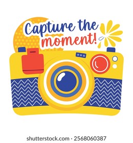 A flat sticker of a camera with capture the moment text