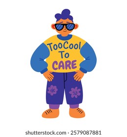 A flat sticker of a careless character wearing sunglasses with sarcastic typography 