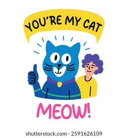 A flat sticker of cat lover with meow typography