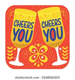 Flat sticker of celebration drinks with cheers you text
