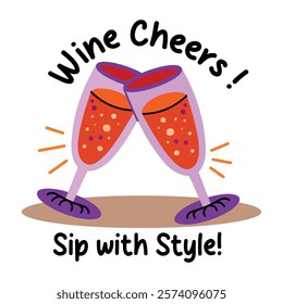 A flat sticker of celebration drinks with wine cheers text written above