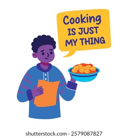 A flat sticker of a character cooking food with sarcastic typography 