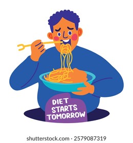 A flat sticker of a character eating noodles with diet start tomorrow typography