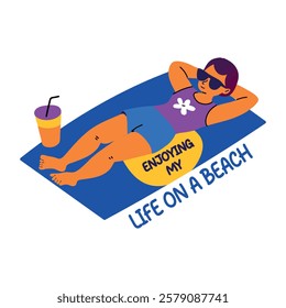 A flat sticker of a character enjoying beach life 