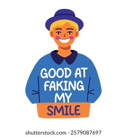 A flat sticker of a character with fake smile sarcastic typography 