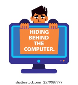 A flat sticker of a character hiding behind the computer 