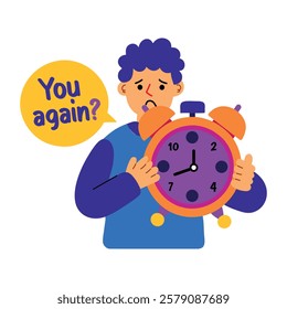 A flat sticker of a character holding an alarm clock with you again typography 