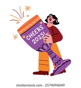 A flat sticker of a character holding a big glass with cheers 2025 typography