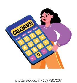 Flat sticker of a character holding a calculator written calculus 