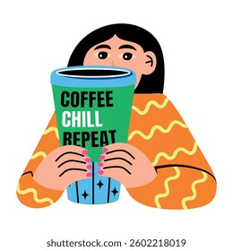 Flat sticker of a character holding a cup written coffee chill 