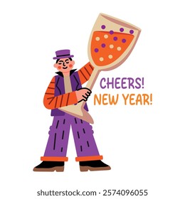 A flat sticker of a character holding a large glass with new year cheers typography