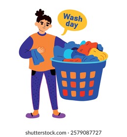 A flat sticker of a character holding laundry basket with wash day typography 