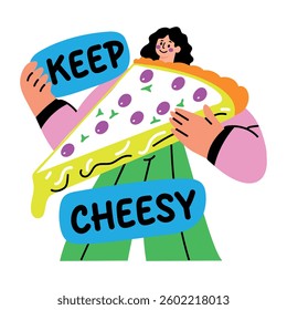 Flat sticker of a character holding a pizza slice with keep cheesy typography 