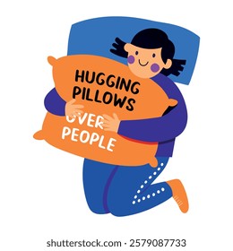 A flat sticker of a character hugging pillow with sarcastic typography 