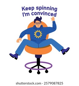 A flat sticker of a character with keep spinning sarcastic typography 