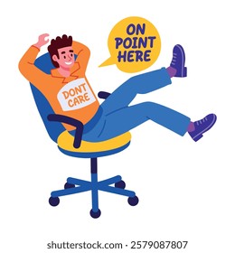 A flat sticker of a character laying on chair with dont care typography 