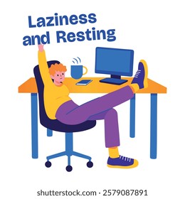 A flat sticker of a character with laziness and resting typography 