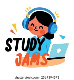 A flat sticker of a character listening music with study jams typography 