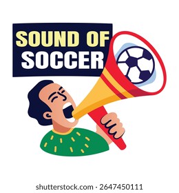 Una pegatina plana de un personaje haciendo un anuncio de fútbol con altavoz