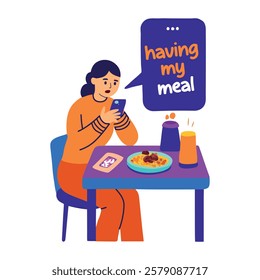 A flat sticker of a character posting story about her meal 