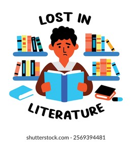 A flat sticker of a character reading book with lost in literature typography 