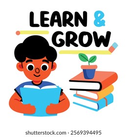 A flat sticker of a character reading a book with learn grow typography 