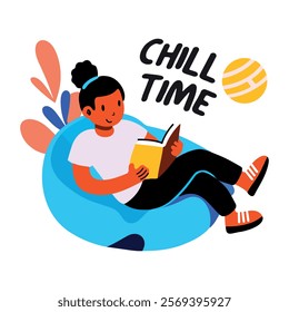 A flat sticker of a character reading book with chill time typography 