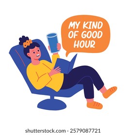 A flat sticker of a character reading book with good hour typography 