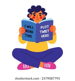 A flat sticker of a character reading a book with twist typography 