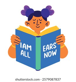 A flat sticker of a character reading book with sarcastic typography 