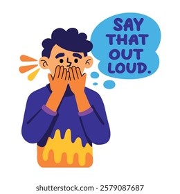 A flat sticker of a character with say loud typography